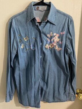 Vintage Small Denim Long-Sleeved Button Down with Floral/Butterfly Embroidery